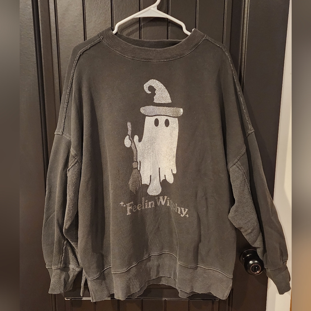 Aerie Womens Oversized Grey "Feelin Witchy" Ghost Sweatshirt, Size L